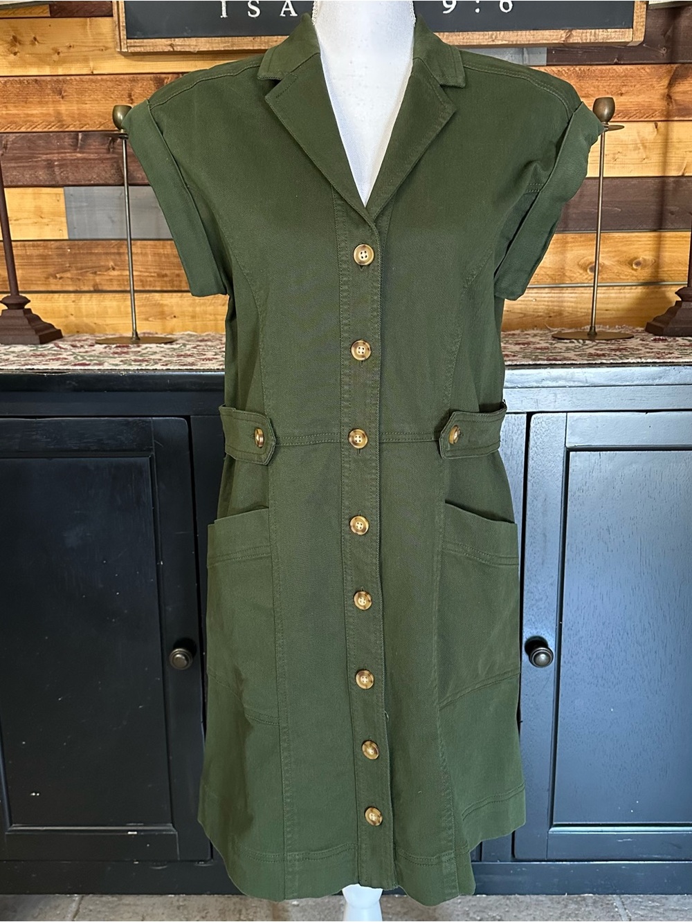 LOFT Olive Green Button-Front Utility Mini Dress
